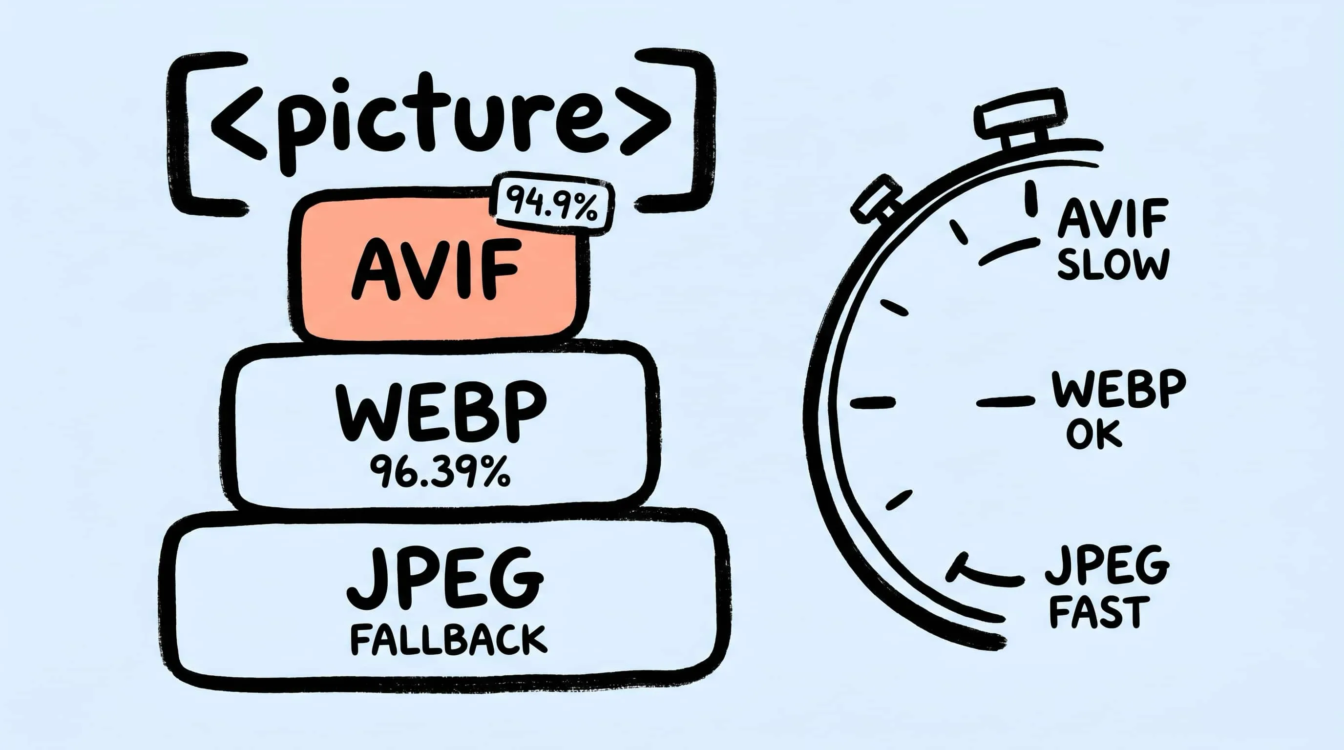 Hand-drawn cover illustration comparing AVIF, WebP, and JPEG image formats