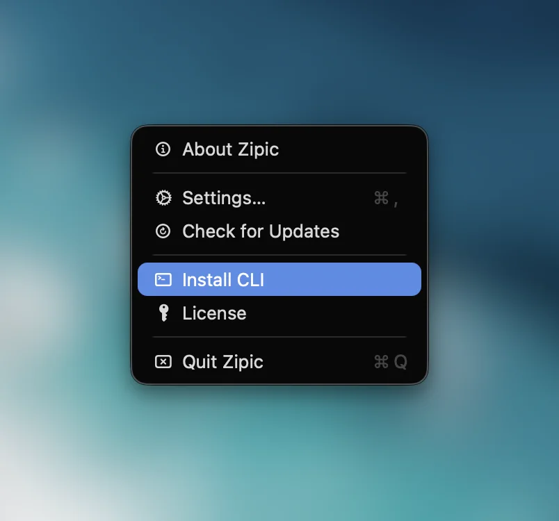Zipic menu bar option for installing the zipic CLI on Mac