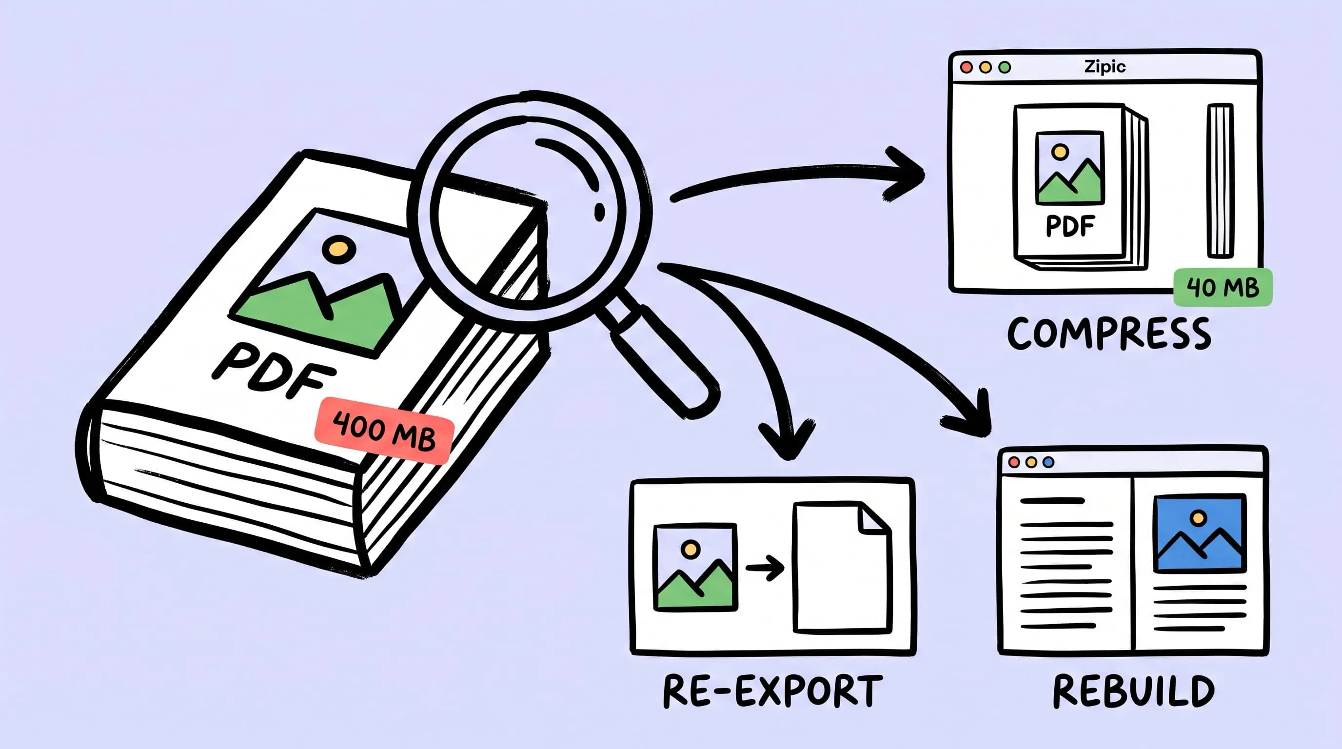 Hand-drawn PDF diagnosis decision tree showing a 400 MB file branching into compress, re-export, and rebuild options