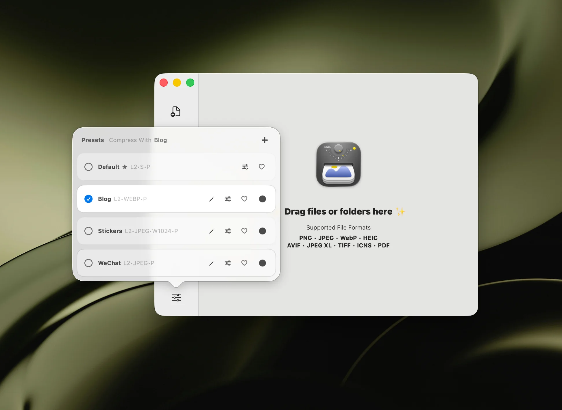 Zipic compression preset selection window with compression level and format options