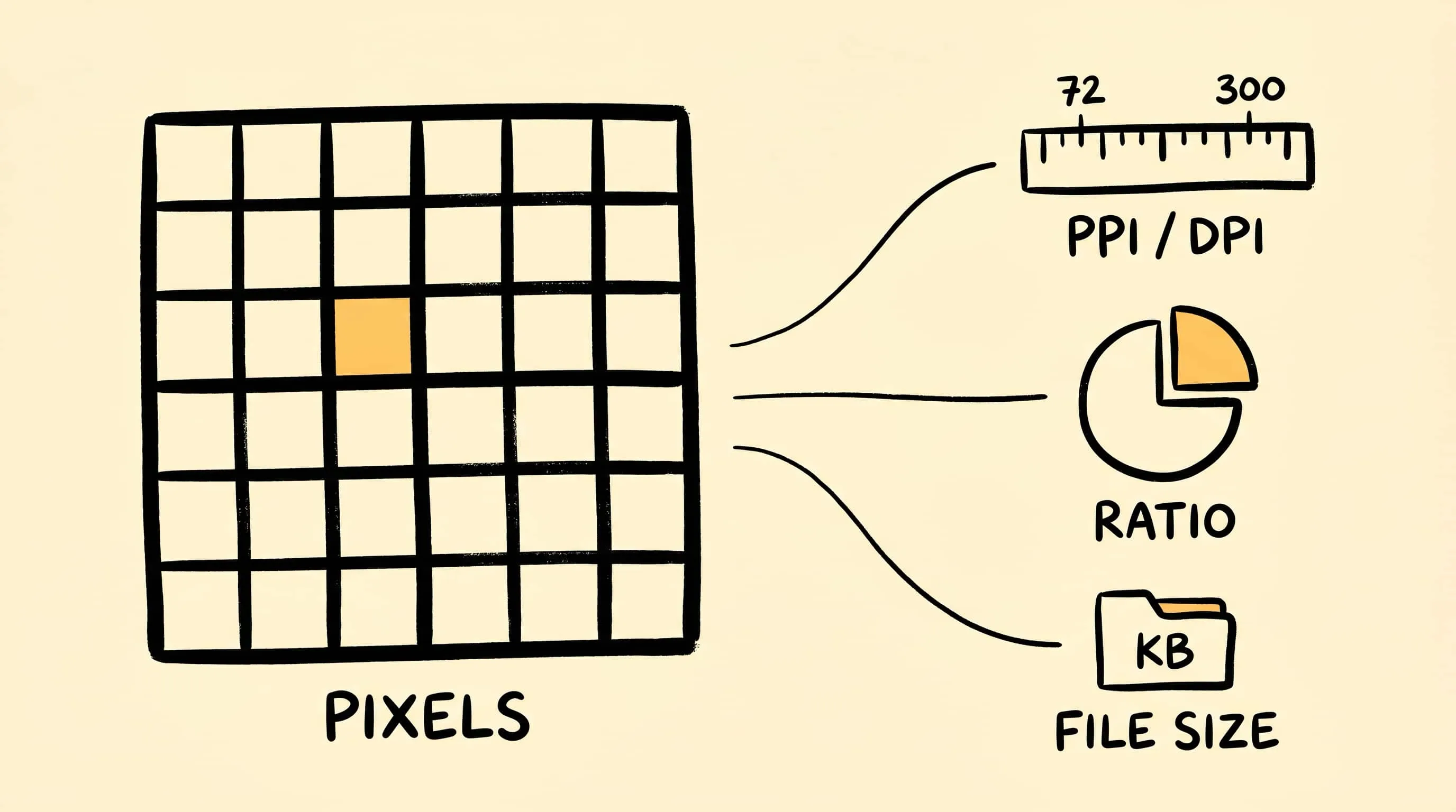 Hand-drawn cover illustration for DPI, Compression Ratio & File Size Explained showing DPI, Pixels, File Size