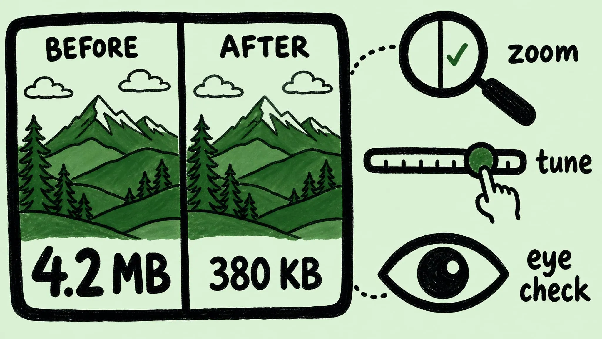 Hand-drawn cover illustration for visualizing image compression before and after on Mac with a side-by-side preview and strength slider