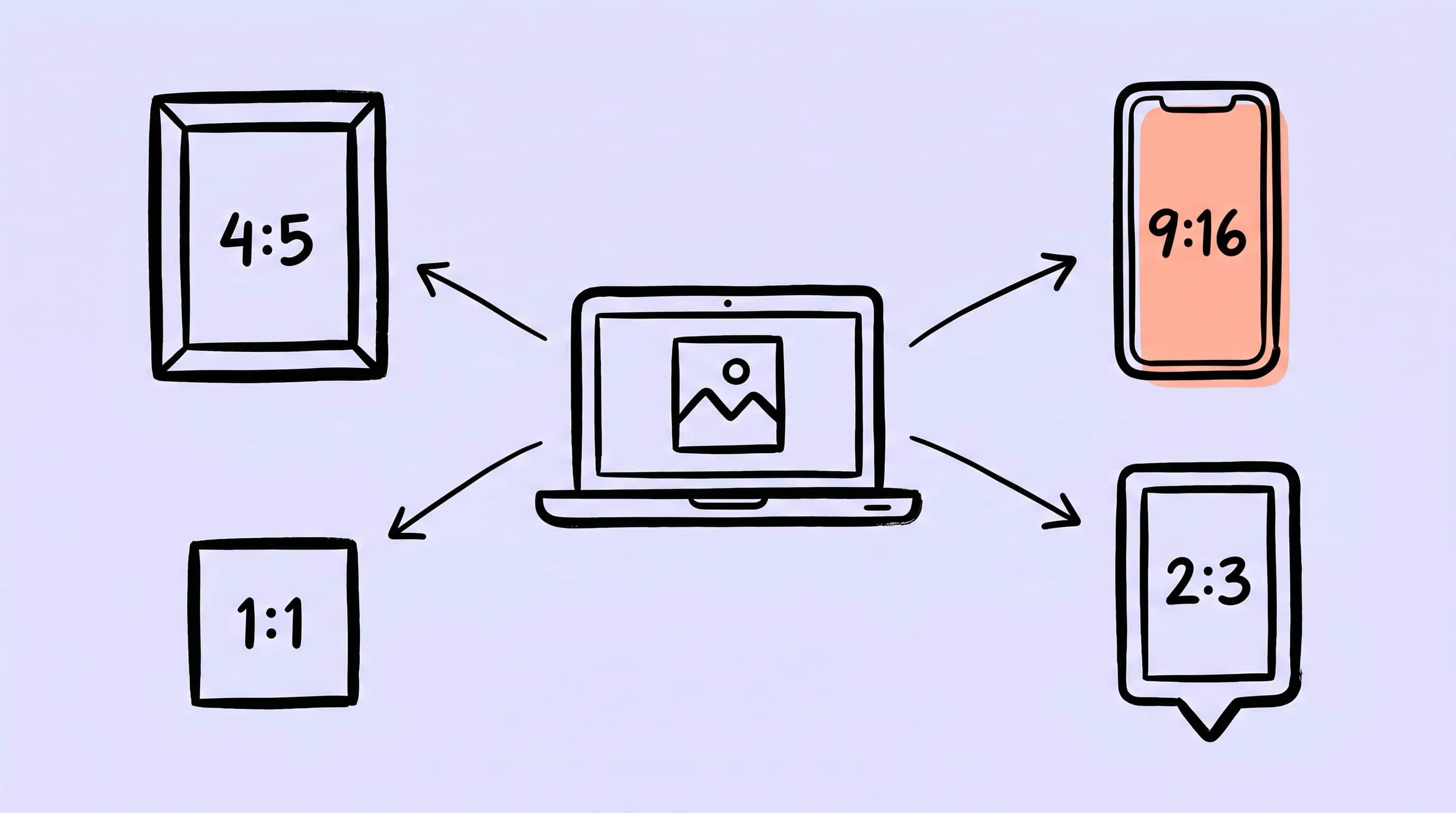 Hand-drawn cover illustration showing image compression for social media on Mac, with platform-specific size badges and Zipic preset workflow