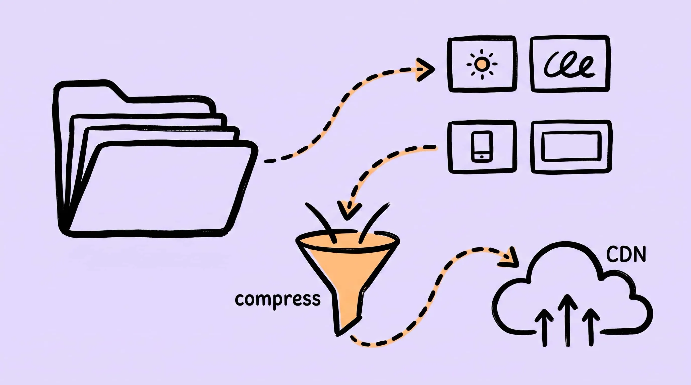 Hand-drawn illustration of Figma and Sketch export folders feeding compressed @1x/@2x/@3x assets into a CDN pipeline