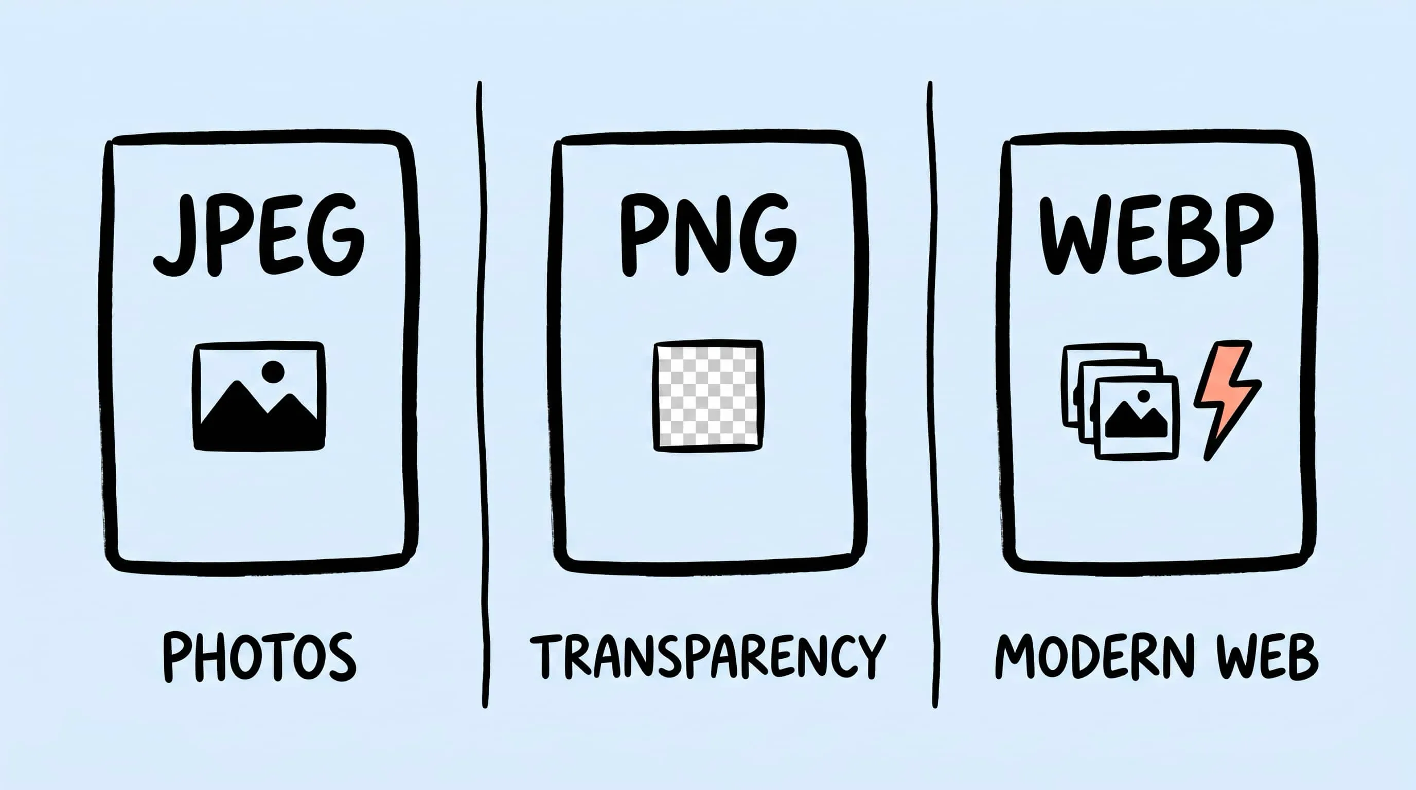 Hand-drawn cover comparing the three foundational image formats JPEG, PNG, and WebP