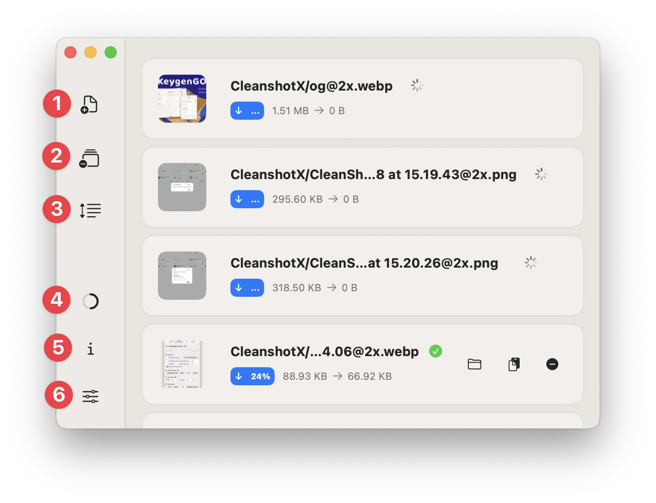 Zipic main window on macOS showing batch compression of iOS and Android app icons