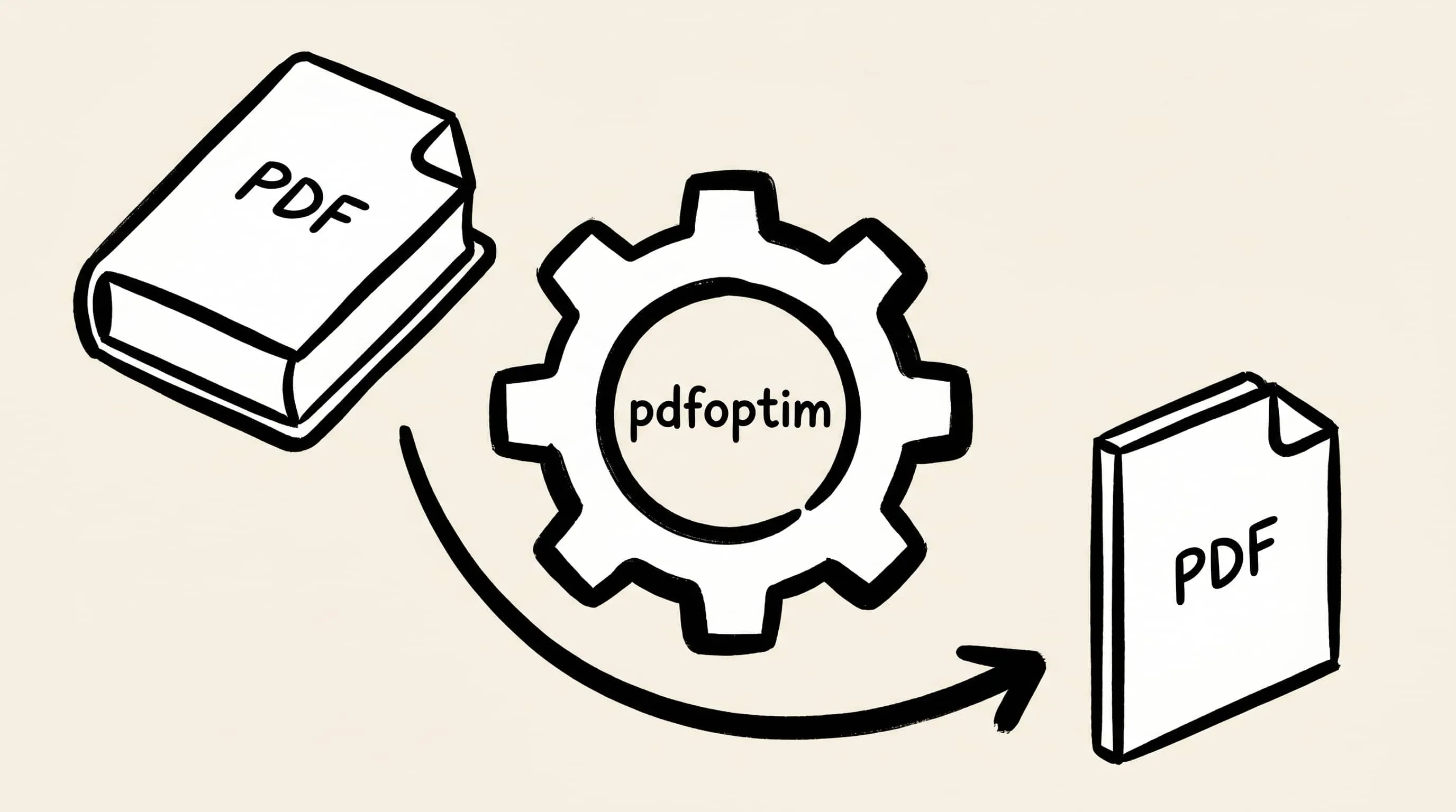 Hand-drawn black-and-white illustration on cream background: a thick chunky PDF document on the upper-left, a gear labeled pdfoptim in the center, and a visibly slimmer PDF on the lower-right, connected by a single bold arrow