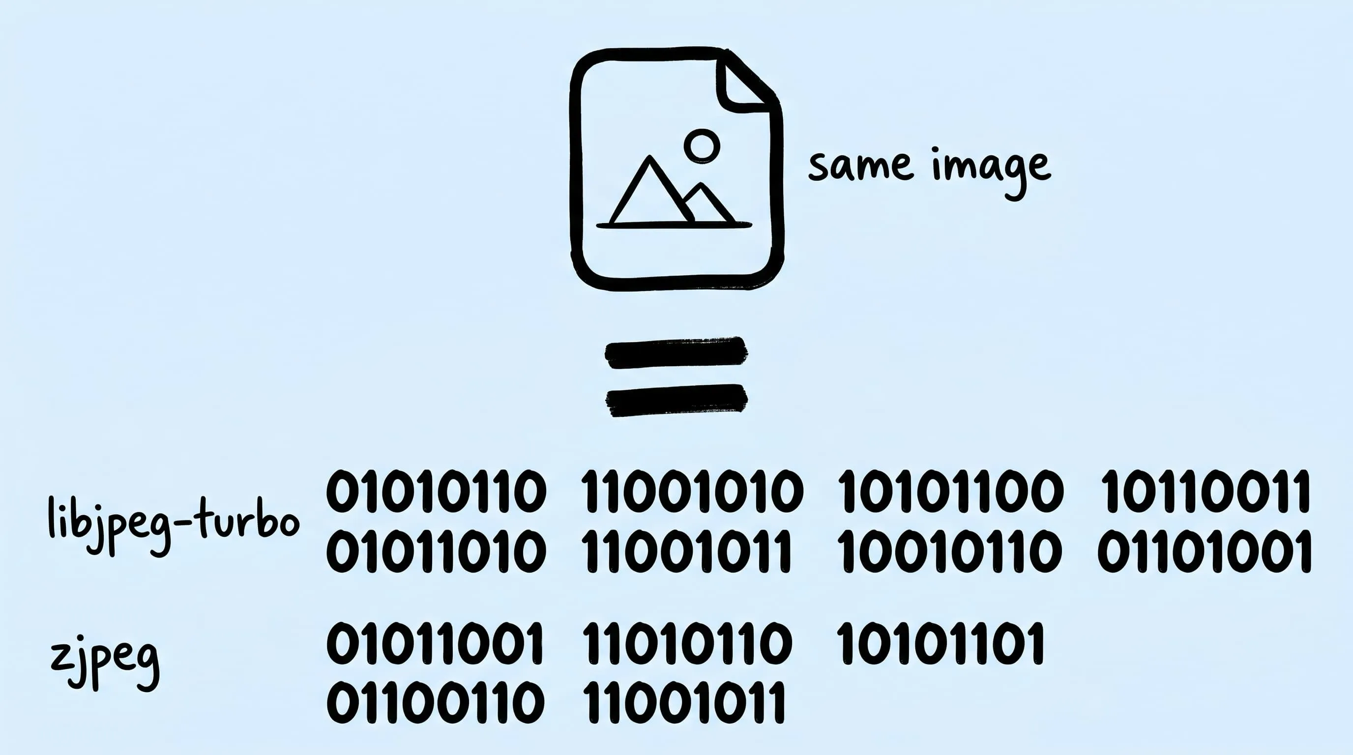 Hand-drawn black-marker illustration on sky-blue background: a photo file icon labeled 'same image' on top, a chunky equals sign below it, then two binary byte streams — 'libjpeg-turbo' with a longer 8-group sequence and 'zjpeg' with a noticeably shorter 5-group sequence — showing that the same image becomes a smaller byte stream when encoded through zipic-jpeg