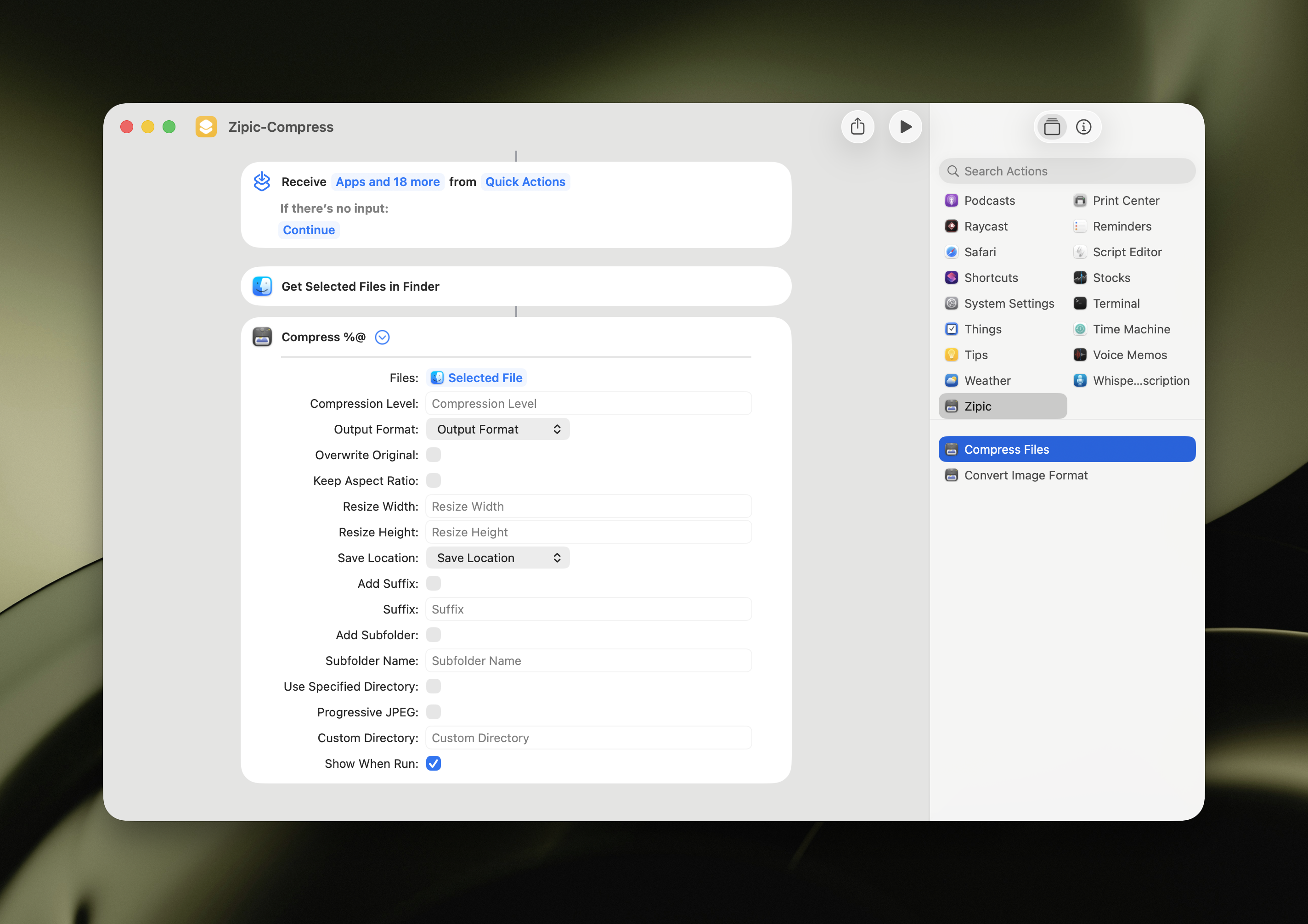 Zipic Shortcuts actions — Compress and Convert Format AppIntents for web development automation