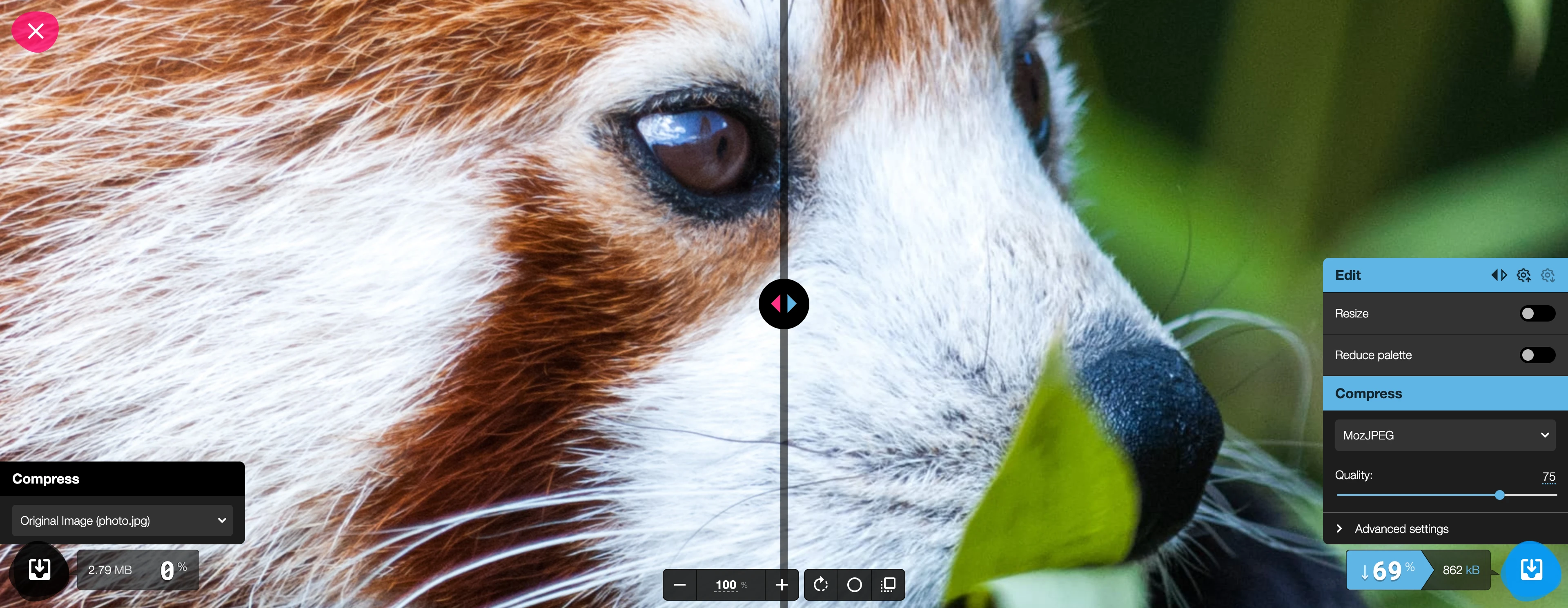 Squoosh editor interface showing MozJPEG codec selection with quality slider and real-time preview