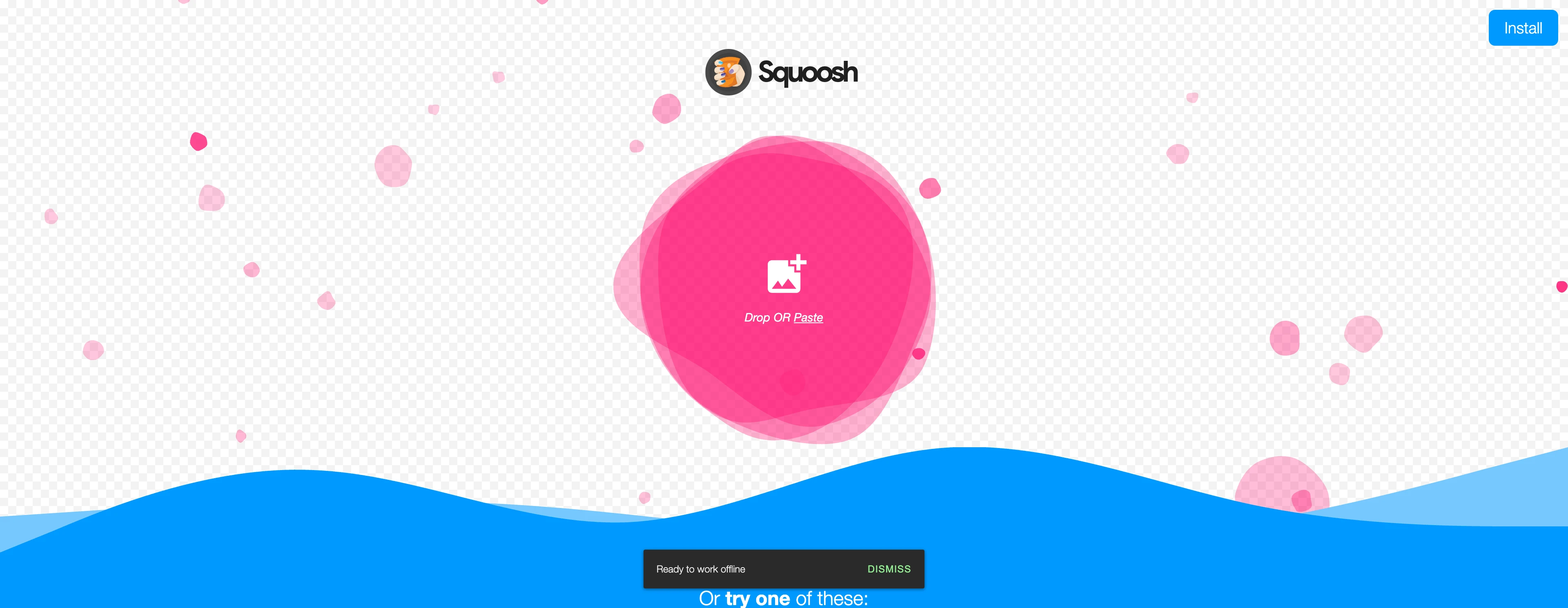 Squoosh homepage showing single-image drop zone — no batch processing option available
