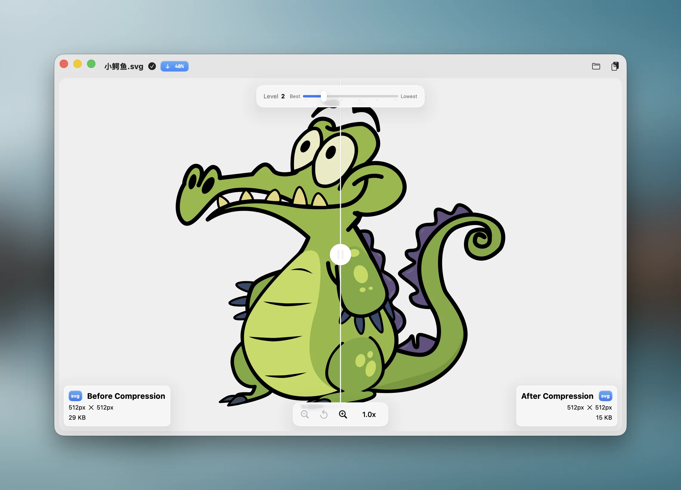 Zipic comparison view rendering an optimized SVG file as a live vector on Mac