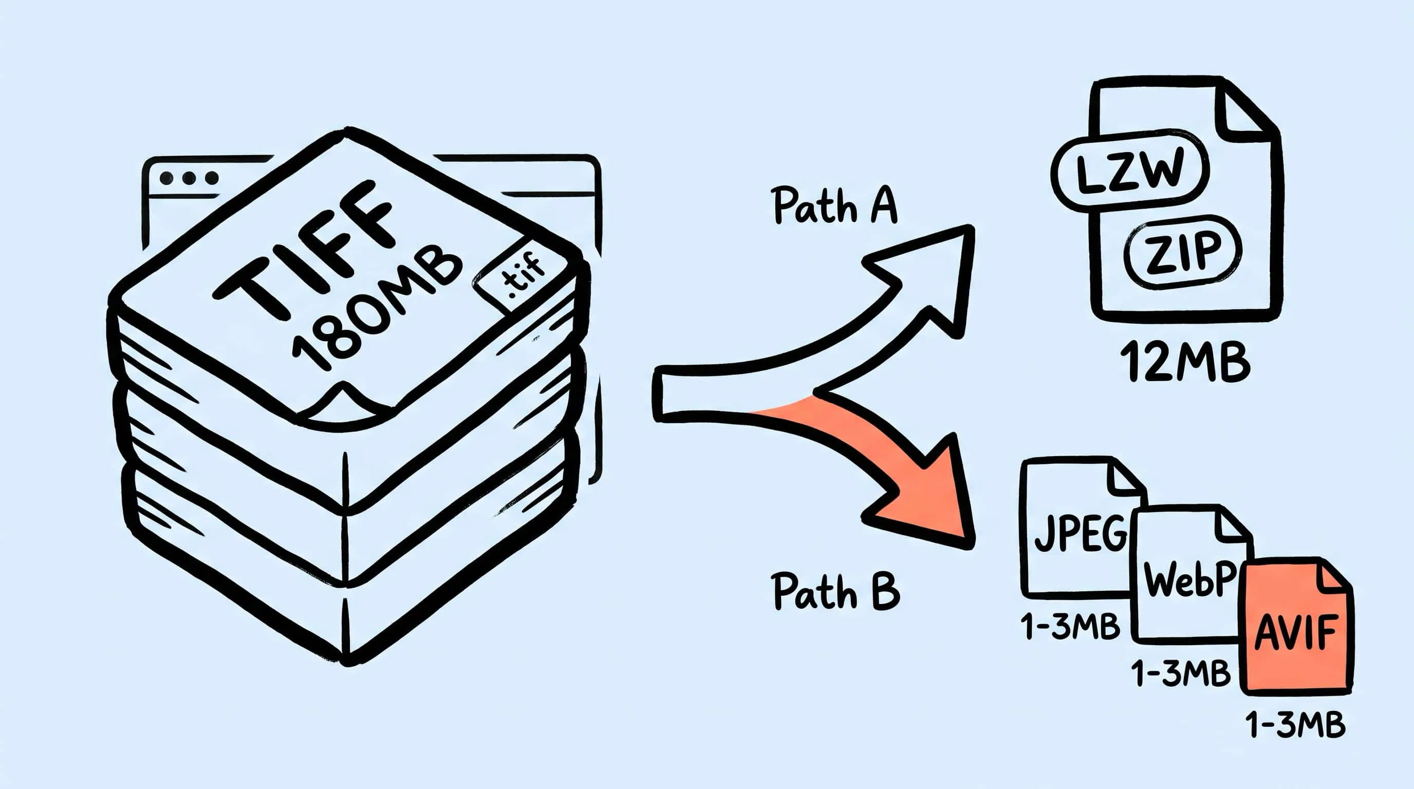 TIFF file being compressed on Mac, showing LZW and ZIP options alongside JPEG and WebP conversion targets