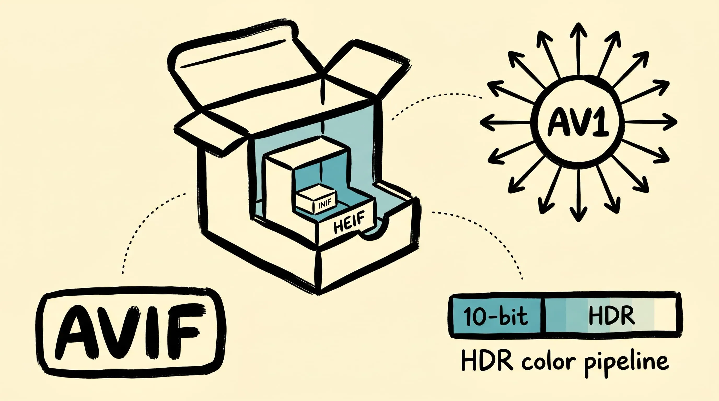 What is AVIF? Technical anatomy of the AV1 image format — HEIF container, AV1 intra coding, HDR, profiles, and design tradeoffs