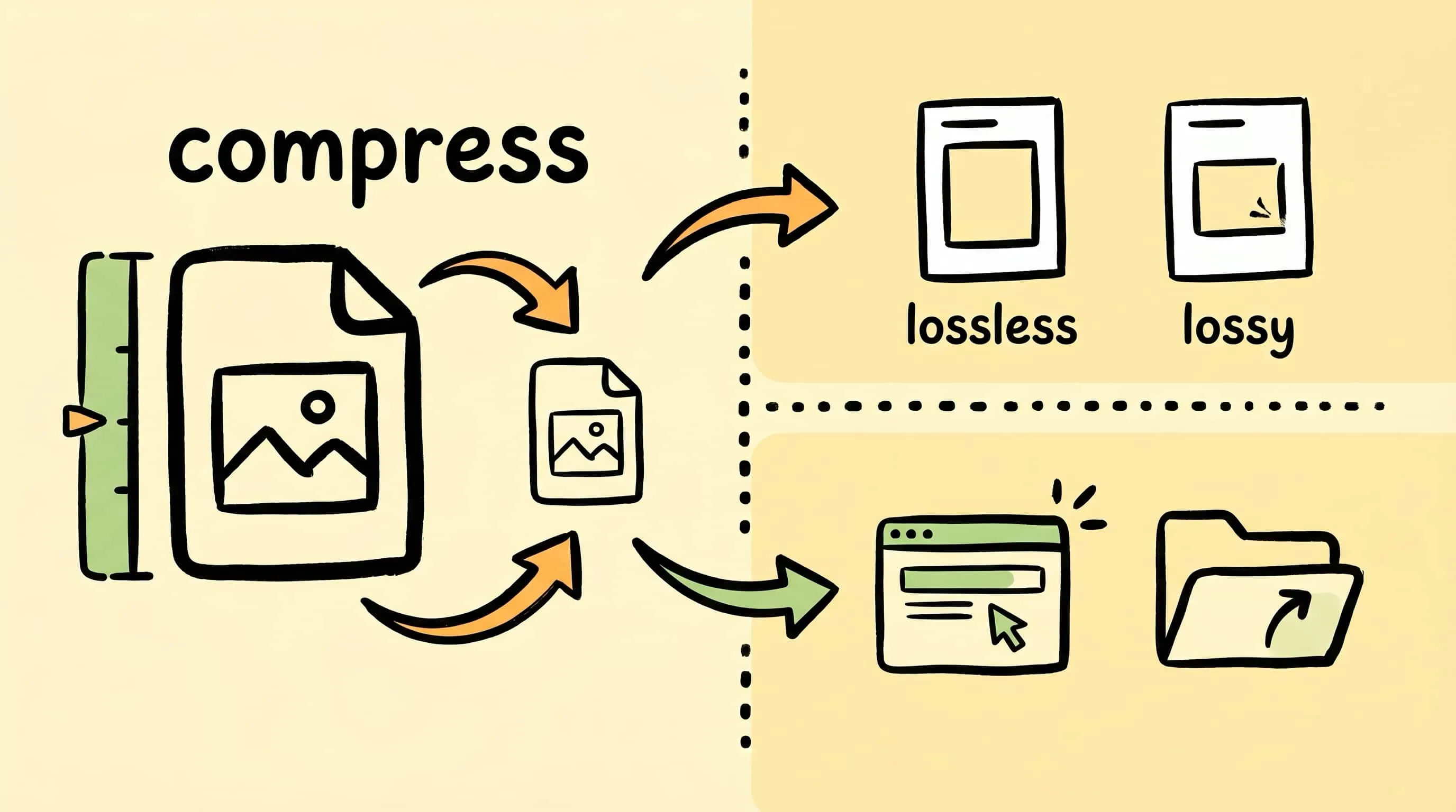 Zipic image compression workflow on Mac showing presets, compression settings, and reduced file sizes