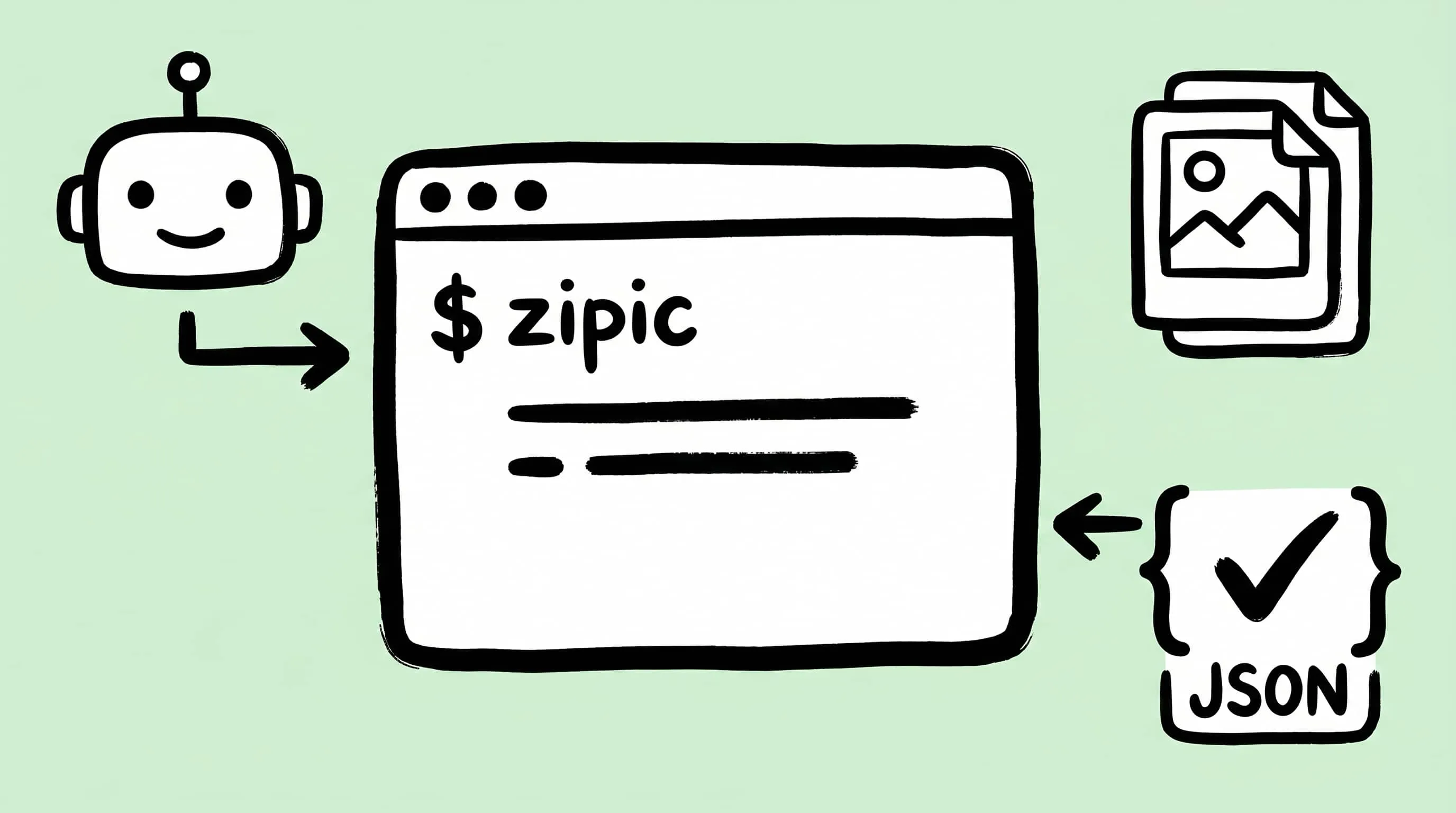 Hand-drawn cover showing an AI agent sending a command to the zipic CLI terminal and receiving a parseable JSON result