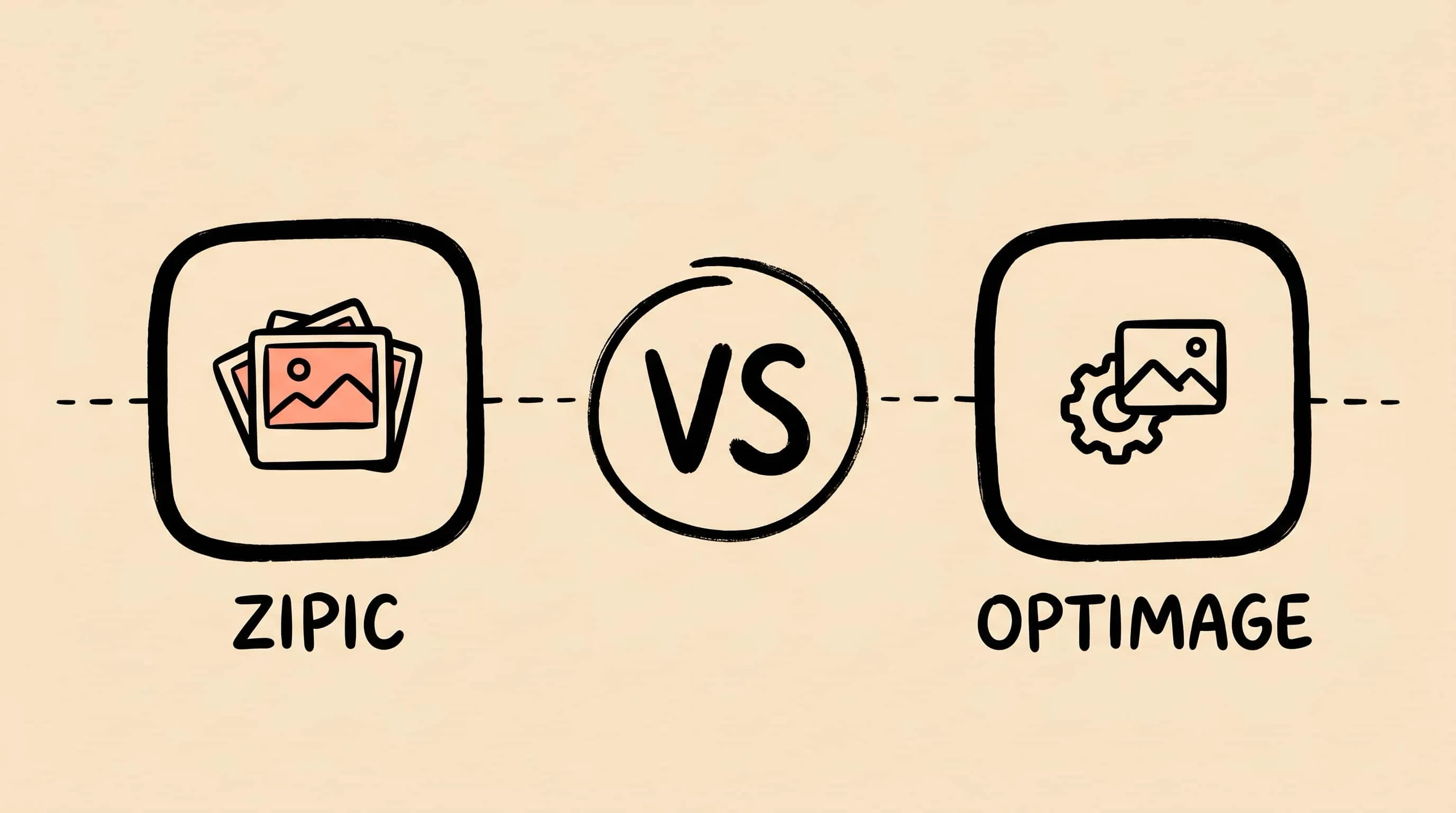 Hand-drawn cover illustration for Zipic vs Optimage: Mac Image Compressors Compared showing Zipic, Optimage, Workflow
